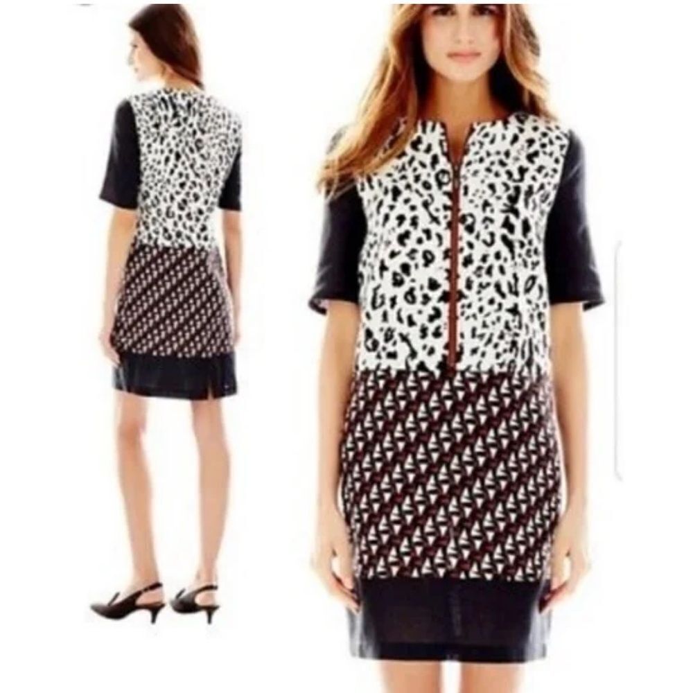 Duro Olowu Black White Geometric Animal Mixed Print Zip Up Linen Shift Dress